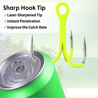9KM 10Pcs Triple Hook Treble Hooks 2X Strong for Salt or Freshwater Applications, Fluorescent Green Ultra Violet (UV)