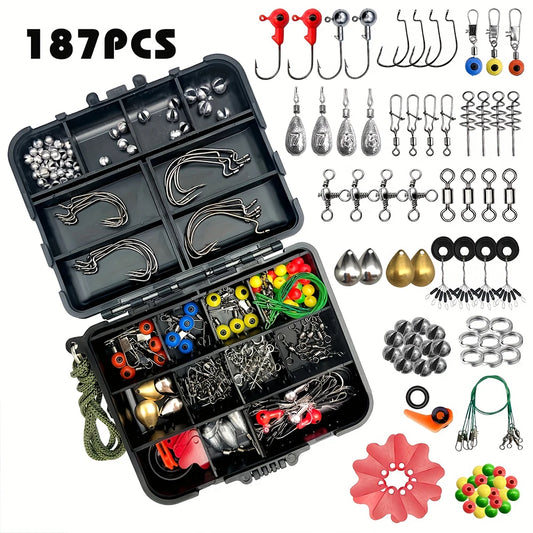 187pcs Ultimate Fishing Kit Set - Complete Tackle Box with Premium Fish Hooks, Bait Parts, Sinkers, and More -