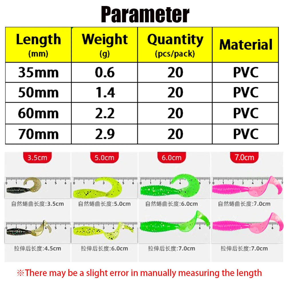 20PCS Silicone Grub 35mm 50mm 60mm 70mm Soft Lure Single Curly Tail Worm-- Bass, Carp, Trout, Walleye, Pike, and all predators