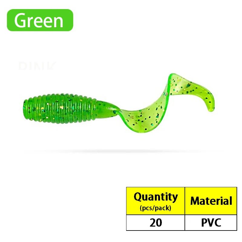 20PCS Silicone Grub 35mm 50mm 60mm 70mm Soft Lure Single Curly Tail Worm-- Bass, Carp, Trout, Walleye, Pike, and all predators