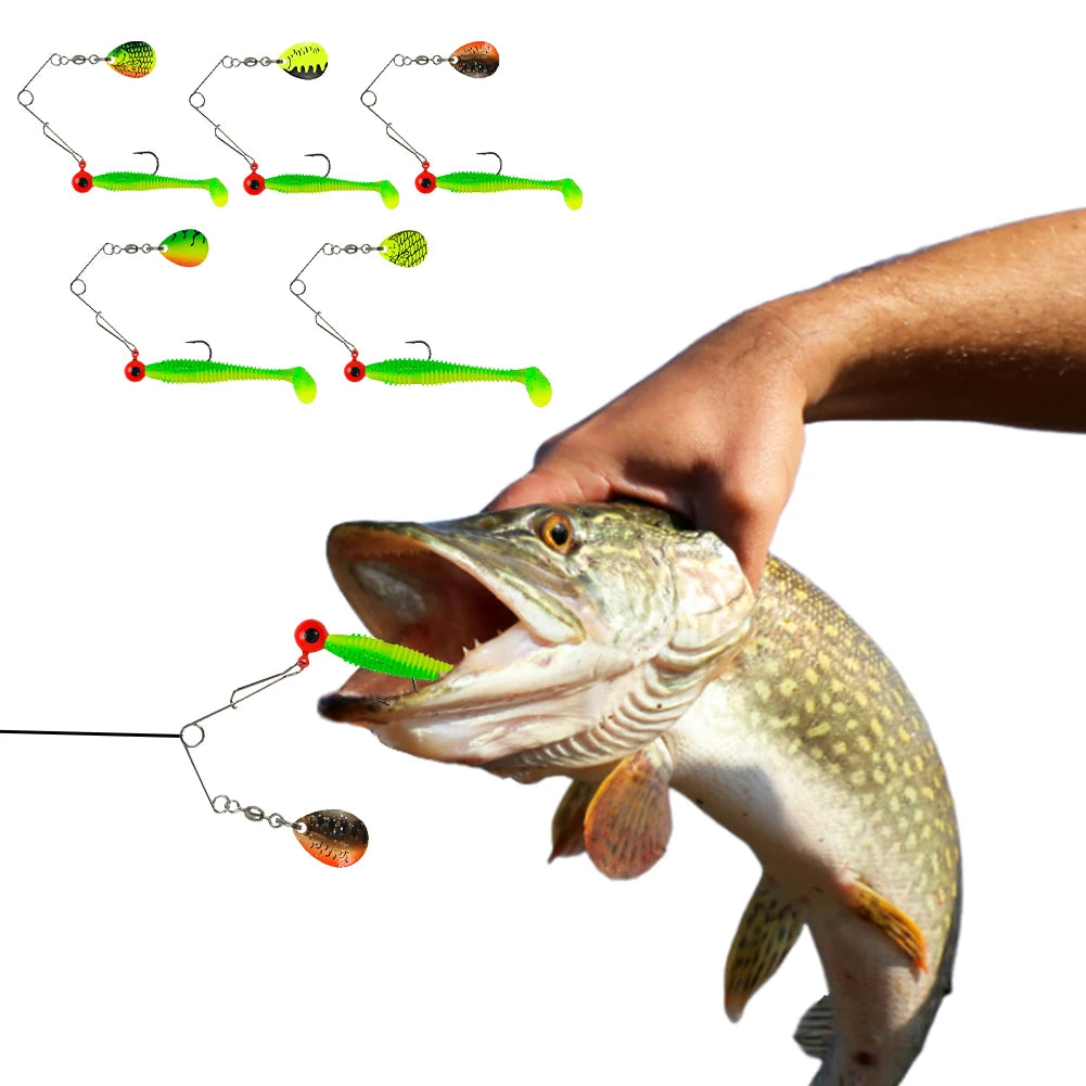 5pcs Soft Fishing Lures Set, Paddle-Tail Swimbait with Jig Head & Spinner  for Pike, Bass Fishing