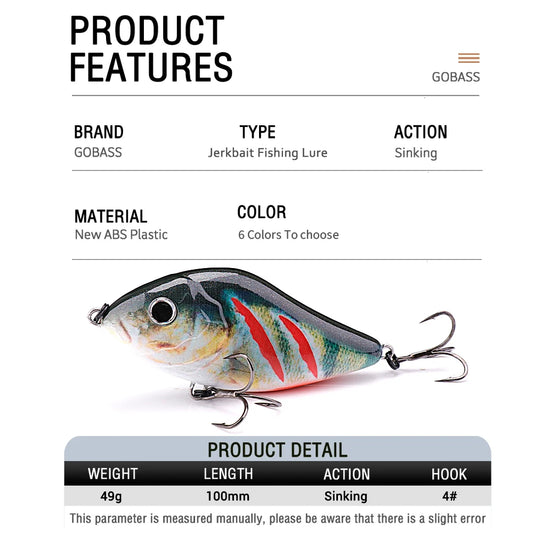 GOBASS Slider- Jerkbait 6cm/8cm/10cm Slow Sinking-for Musky, Pike, Bass VIB Crankbait / Pesca/ Leurre