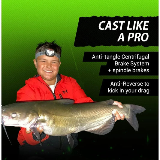 Heavyweight Champions Catfish Baitcaster Reel Round with Loud Bait Clicker, Steel Bearings, Carbon Disc Drag ,all  species