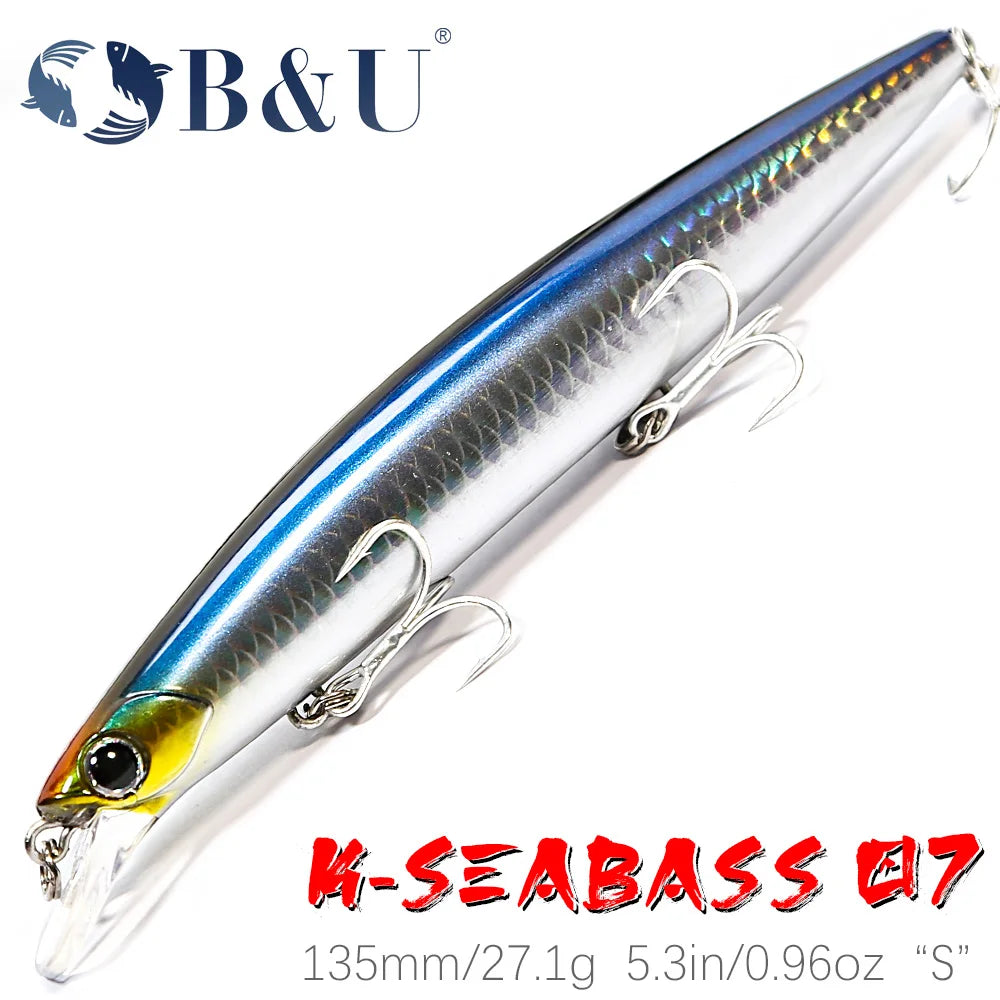 B&U 135mm 27.1g Ultra Long Casting 135S Saltwater Sinking Minnow--GREAT for Seabass, Stripers, Salmon, Steelhead, Coastal Trout, Pike, Musky & other PREDATORS