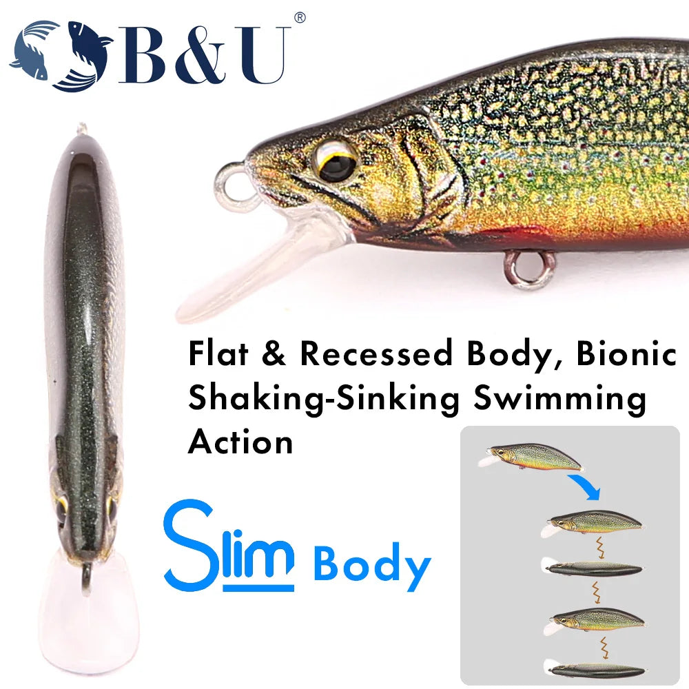 B&U Minnow Fishing Lure- Trout Pattern- Hard Bait, Assorted with Sharp Treble Hooks, Freshwater Lures for Bass, Trout, Pike