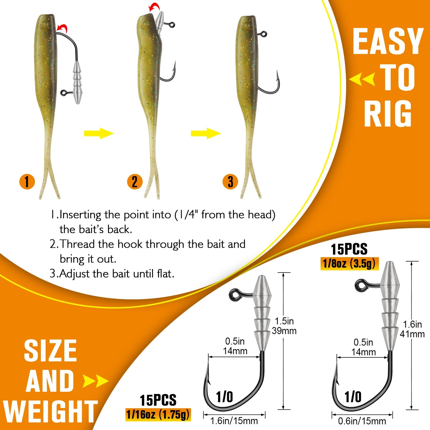 15PCS Hover Rig, Jig head, Swimbait Jig-Heads for Bass Fishing, Bass Hooks 1/0- Hover Strolling Rig Kit- Fishing Jig Heads1/16OZ, 1/8OZ