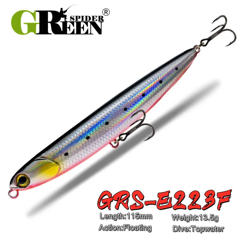 GREENSPIDER New Pencil Stick-bait - 115mm/13.5g 
TOPWATER ACTION for BASS, PIKE, MUSKY, STRIPERS, CATFISH, REDFISH, TARPON, SNOOK & other PREDATORS