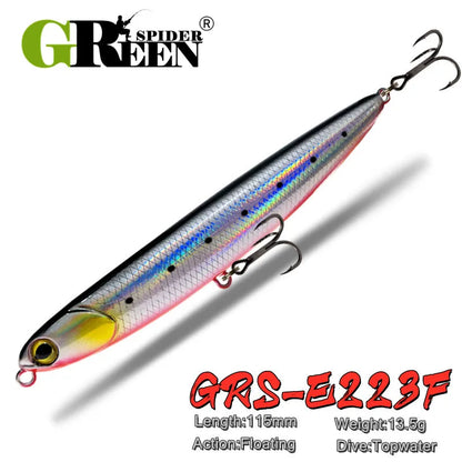 GREENSPIDER New Pencil Stick-bait - 115mm/13.5g 
TOPWATER ACTION for BASS, PIKE, MUSKY, STRIPERS, CATFISH, REDFISH, TARPON, SNOOK & other PREDATORS