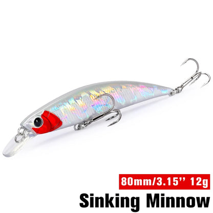TSURINOYA 80S 12g Sinking Minnow Fishing Lure DW96 8cm Large Trout Pike Rockfish Hard Bait Jerkbait Freshwater Saltwater Wobbler