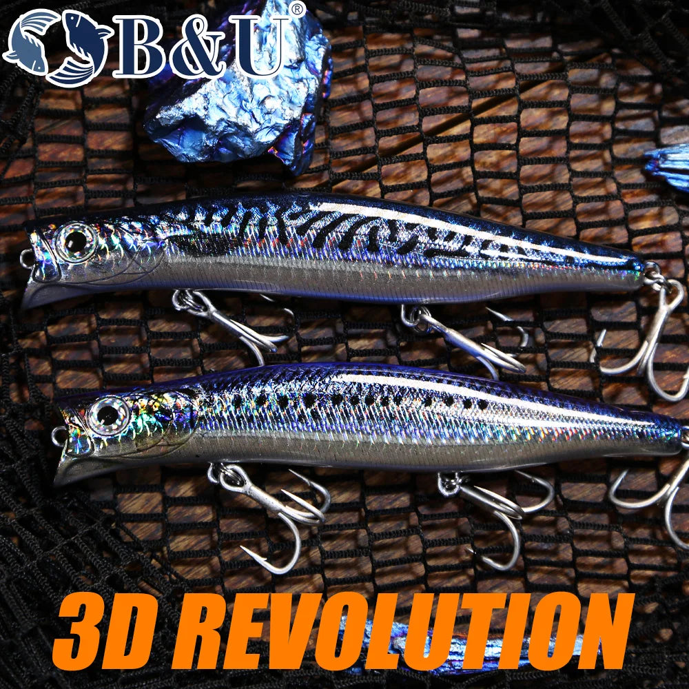 B&U Floating Popper, Long Casting, Saltwater Sea Bass, Pike Fishing/ 3D Printing-Topwater for TUNA, DORADO/MAHI, REDFISH, KINGFISH, SNAPPER, JACKS & OTHER PELAGIC SPECIES