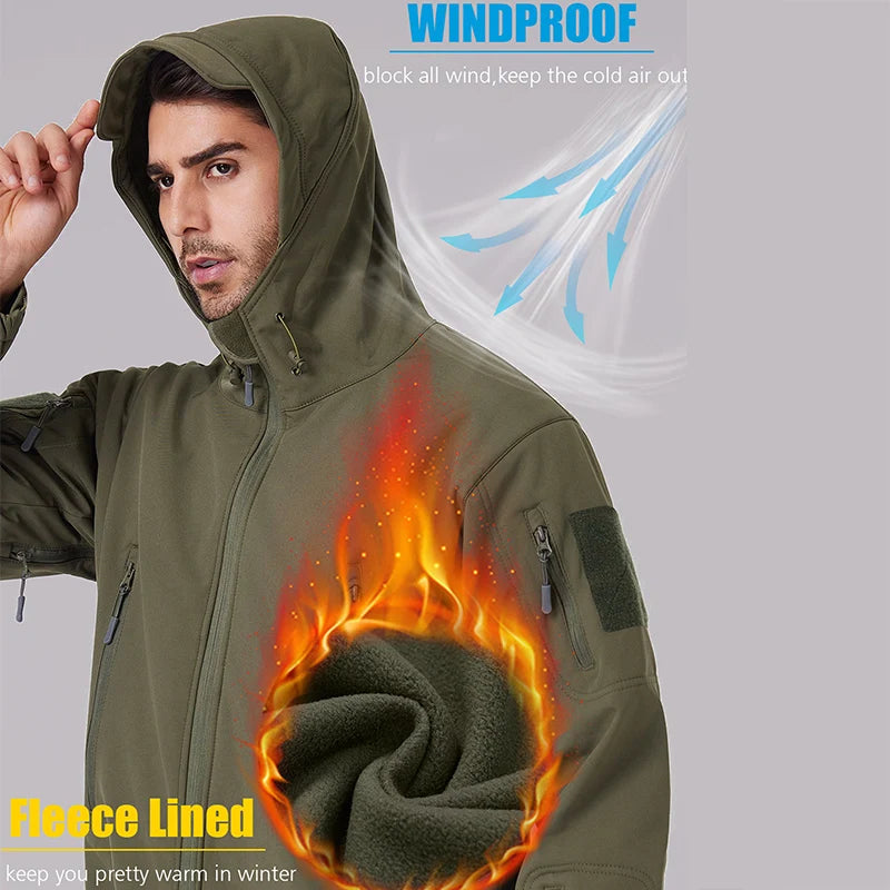 Men's Waterproof Tactical Softshell Jacket Winter Warm Fleece Hooded Coat Windproof Outdoor Sports Fishing Hiking Jacket