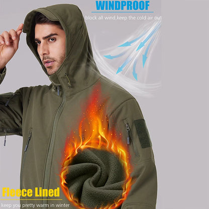 Men's Waterproof Tactical Softshell Jacket Winter Warm Fleece Hooded Coat Windproof Outdoor Sports Fishing Hiking Jacket