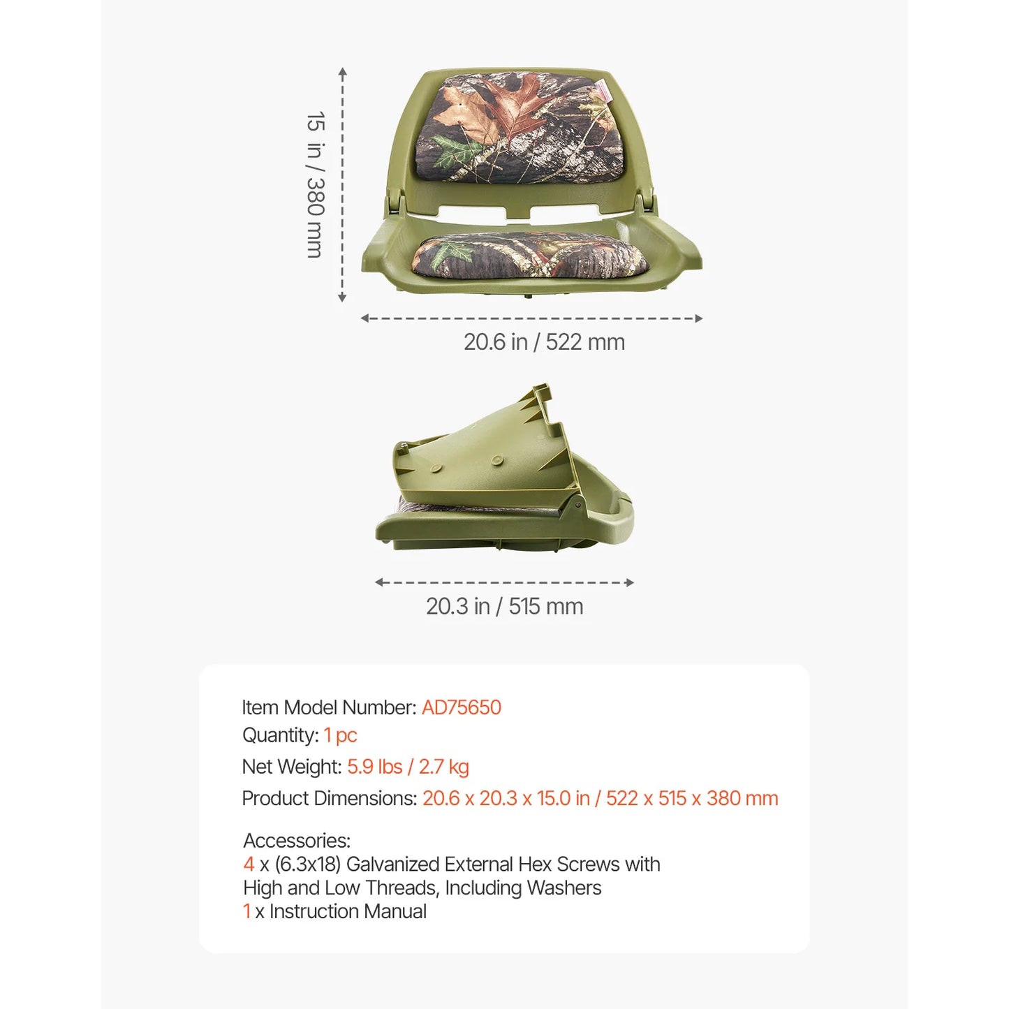SucceBuy Boat Seat, Low Backrest, Folding Fishing Boat Seat with Thickened Sponge Cushion PP Frame, Flip Up Boat Seat
