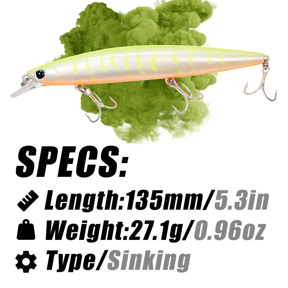 B&U 135mm 27.1g Ultra Long Casting 135S Saltwater Sinking Minnow--GREAT for Seabass, Stripers, Salmon, Steelhead, Coastal Trout, Pike, Musky & other PREDATORS