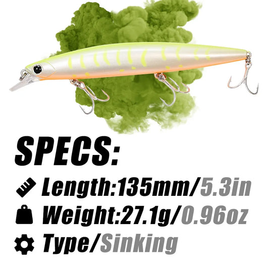 B&U 135mm 27.1g Ultra Long Casting 135S Saltwater Sinking Minnow--GREAT for Seabass, Stripers, Salmon, Steelhead, Coastal Trout, Pike, Musky & other PREDATORS