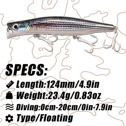 B&U Floating Popper, Long Casting, Saltwater Sea Bass, Pike Fishing/ 3D Printing-Topwater for TUNA, DORADO/MAHI, REDFISH, KINGFISH, SNAPPER, JACKS & OTHER PELAGIC SPECIES