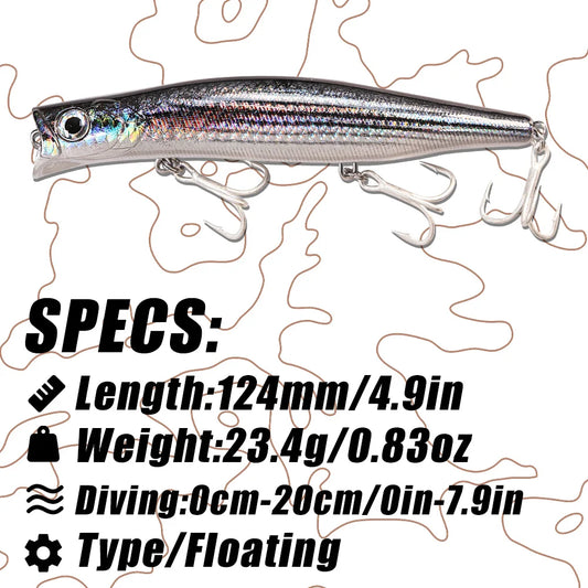 B&U Floating Popper, Long Casting, Saltwater Sea Bass, Pike Fishing/ 3D Printing-Topwater for TUNA, DORADO/MAHI, REDFISH, KINGFISH, SNAPPER, JACKS & OTHER PELAGIC SPECIES