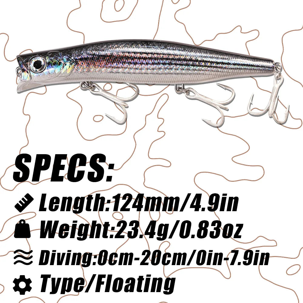 B&U Floating Popper, Long Casting, Saltwater Sea Bass, Pike Fishing/ 3D Printing-Topwater for TUNA, DORADO/MAHI, REDFISH, KINGFISH, SNAPPER, JACKS & OTHER PELAGIC SPECIES