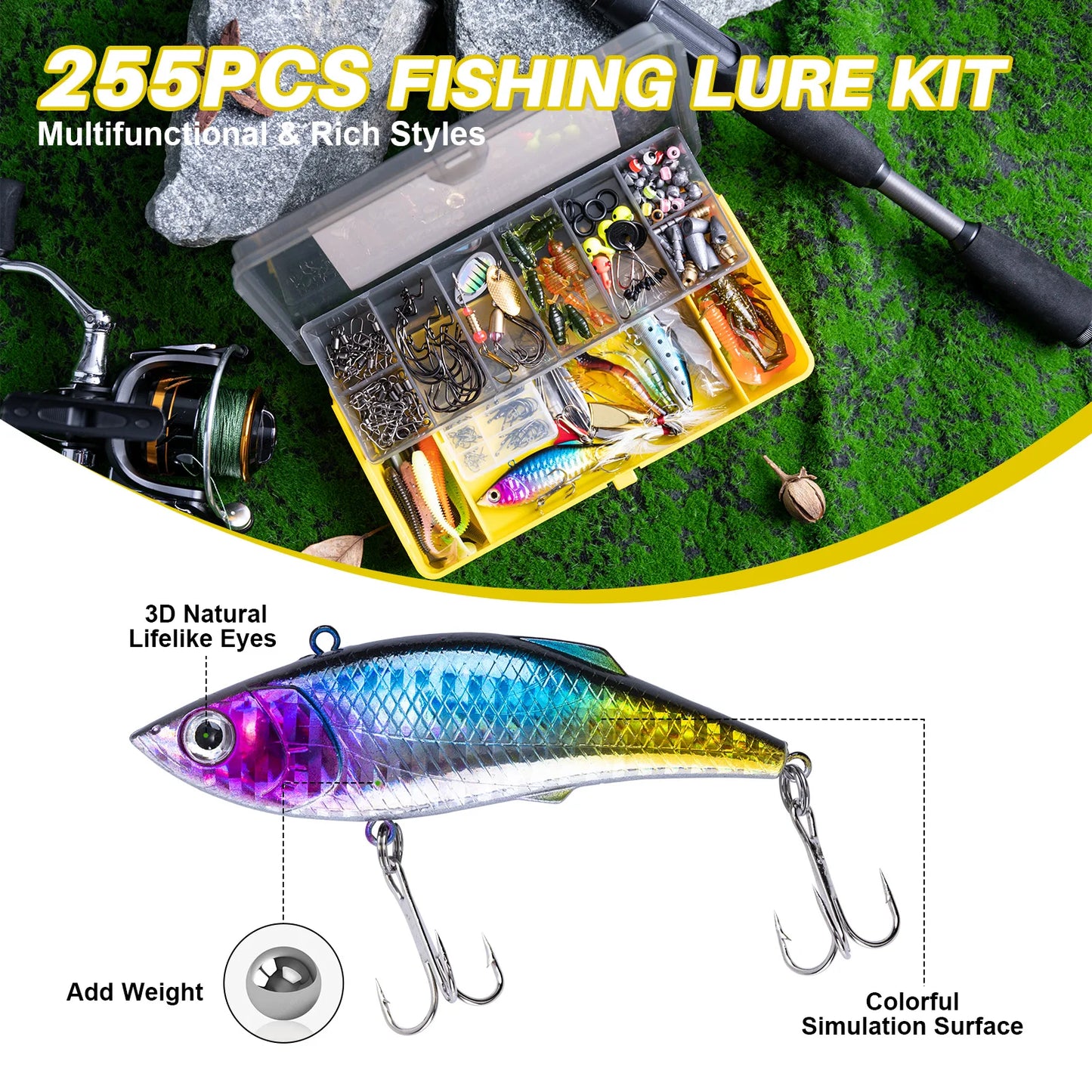 Goture 193/255 Pcs Fishing Lure Kit Soft And Hard Bait Set Applicable To All Water, With Box