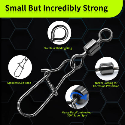 Duo-Lock Snap Swivels 50~200Pcs Fishing Swivel Snap Stainless Brass Saltwater Fishing Rolling Barrel Swivel Connectors