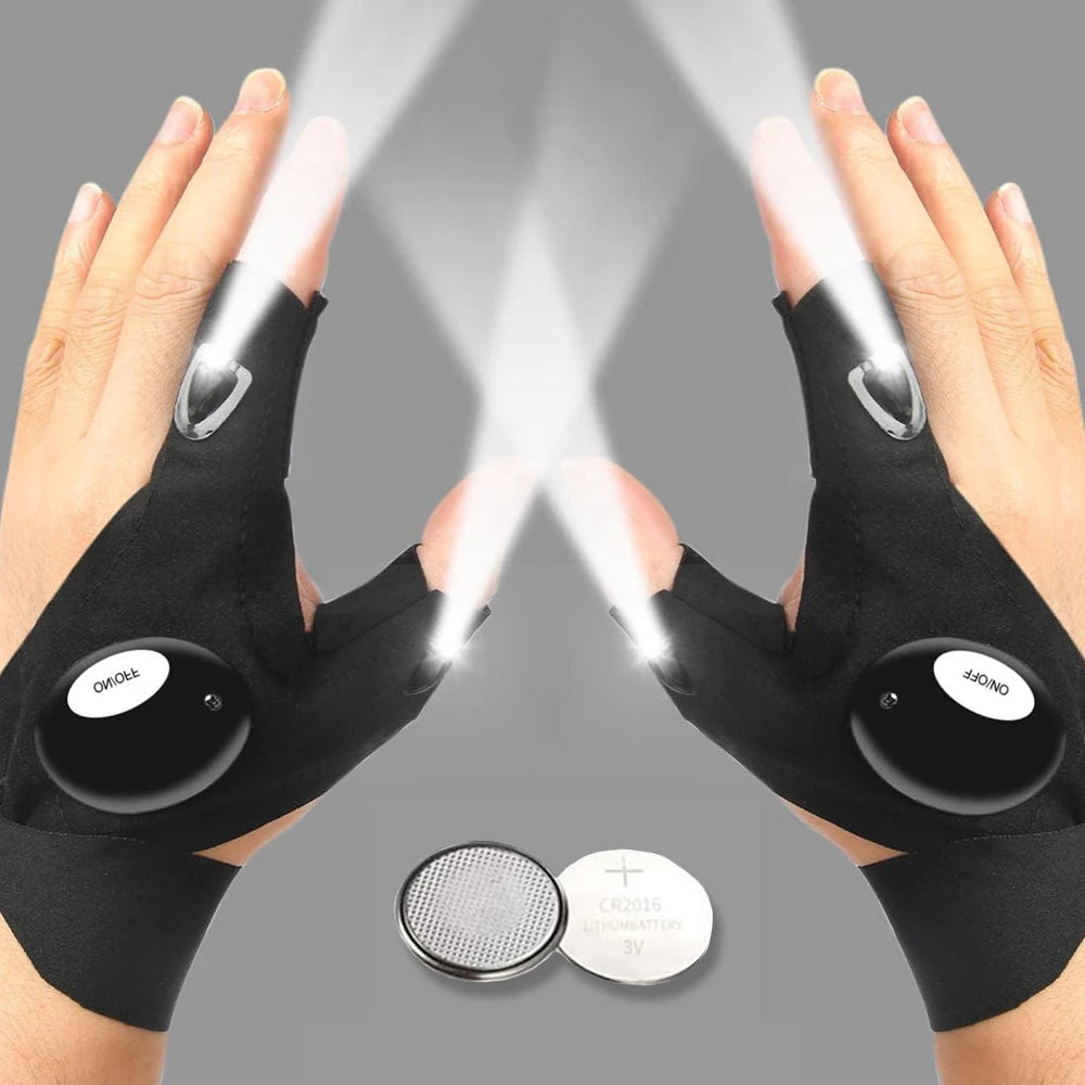 LED Half Finger Glove for Men or Women - Waterproof- Night Fishing , Cycling, Running-  Flashlight Durable Fingerless Gloves
