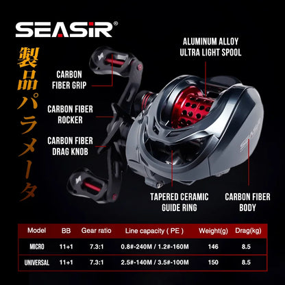 Seasir Mansory Baitcasting Fishing Reel 146g Ultralight Carbon 11+1 7.3:1 HS Ratio, Hybrid Ceramic Bearing- Double Spools