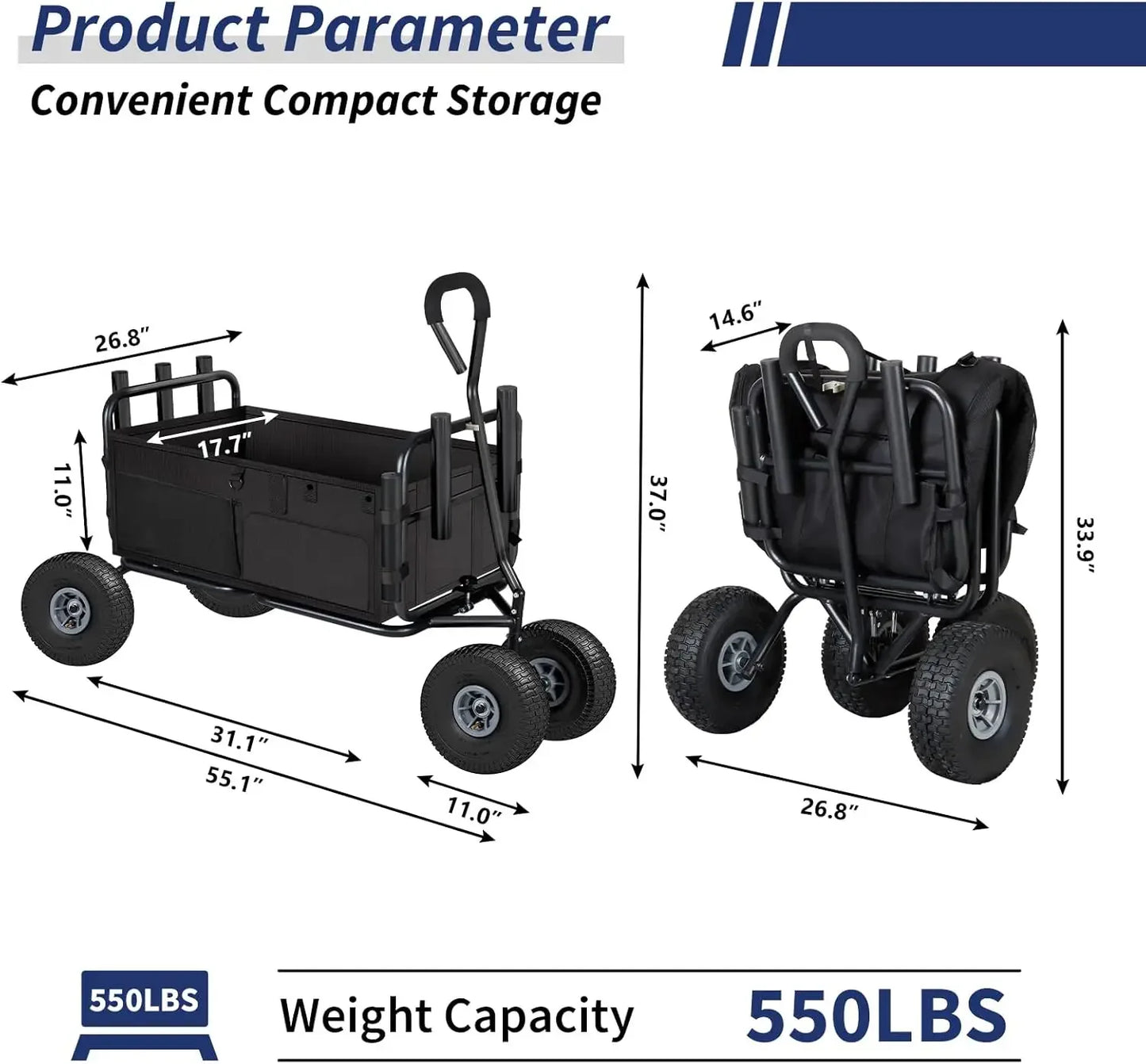 Fishing Cart Beach Cart Collapsible Wagon w/11'' All-Terrain Wheels for Sand, Heavy Duty Cart with Rod Holders
