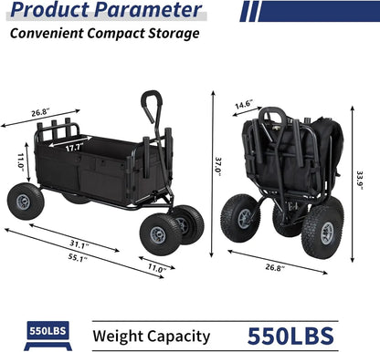 Fishing Cart Beach Cart Collapsible Wagon w/11'' All-Terrain Wheels for Sand, Heavy Duty Cart with Rod Holders