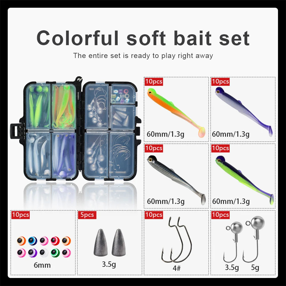 40pcs Silicone Lure Set with Jig Heads, for Carp, Pike, Zander, Bass, Eyes