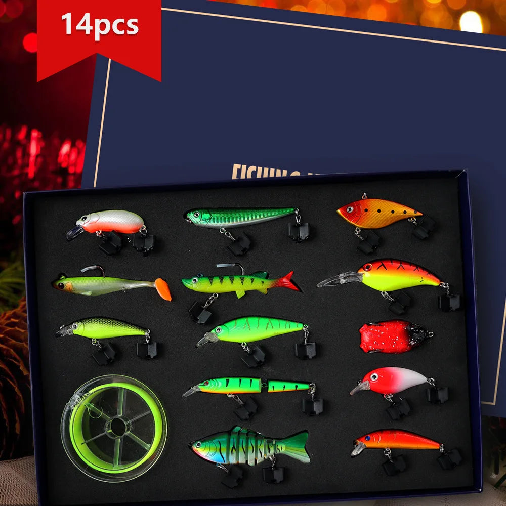 14-Piece Fishing Lure Set Gift Box, Holiday Fishing Tackle Kit with Fishing Line & Multi-Joint Pencil Lures for Anglers