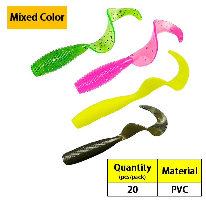 20PCS Silicone Grub 35mm 50mm 60mm 70mm Soft Lure Single Curly Tail Worm-- Bass, Carp, Trout, Walleye, Pike, and all predators
