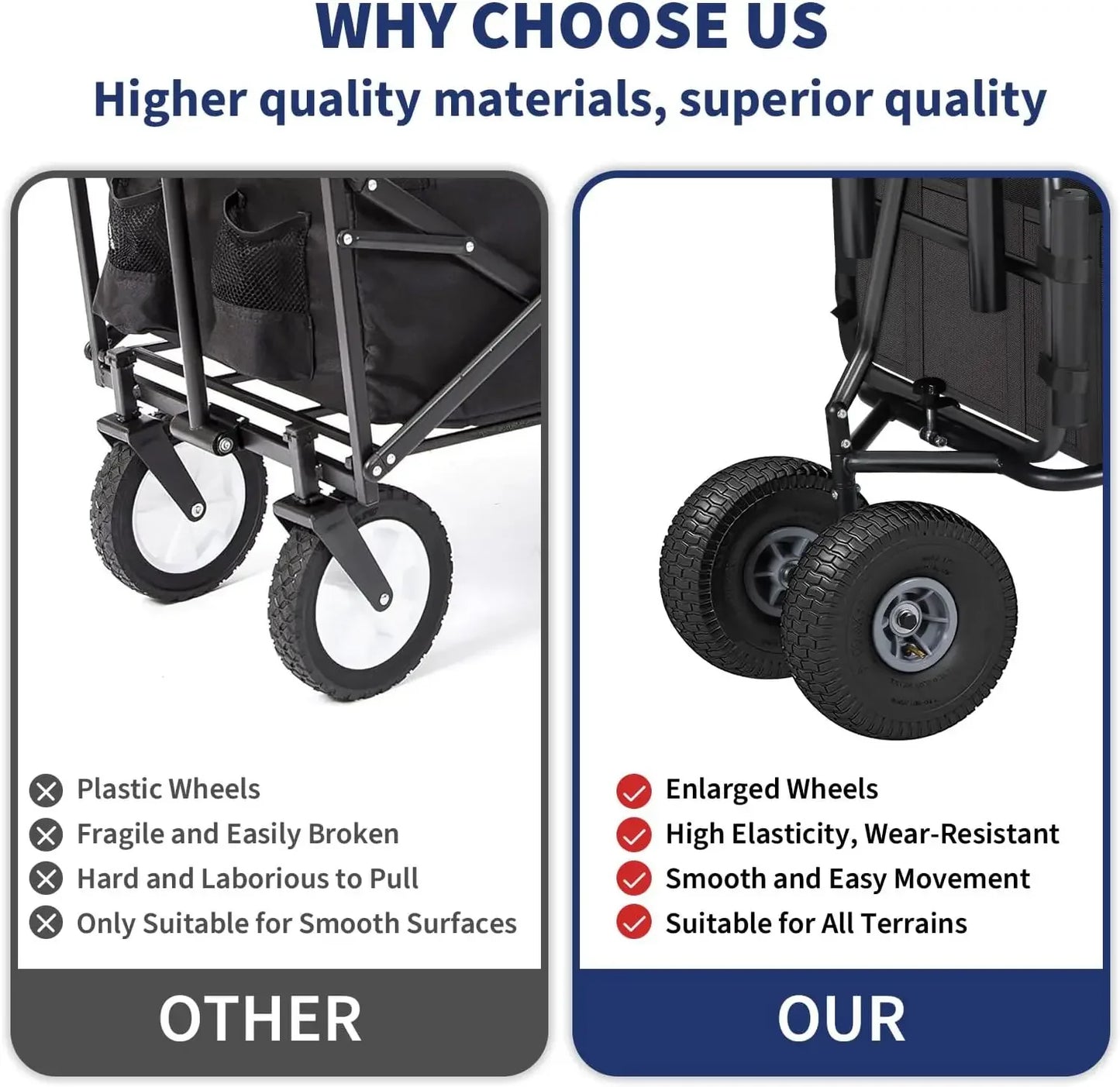 Fishing Cart Beach Cart Collapsible Wagon w/11'' All-Terrain Wheels for Sand, Heavy Duty Cart with Rod Holders