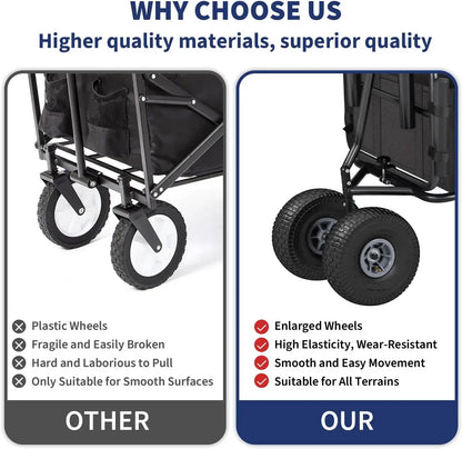 Fishing Cart Beach Cart Collapsible Wagon w/11'' All-Terrain Wheels for Sand, Heavy Duty Cart with Rod Holders