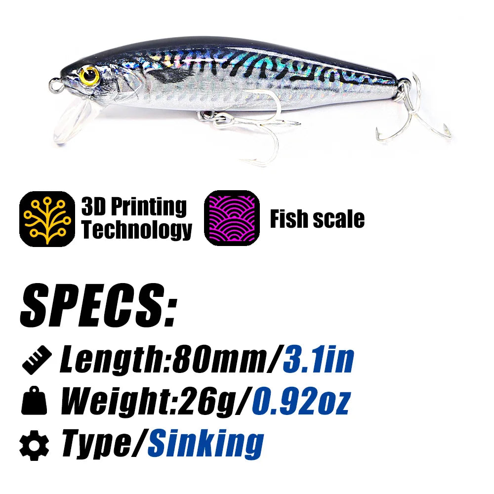 B&U 80mm Sinking Minnow / Saltwater- Long Casting Wobblers for Sea Bass and Other Predator Species