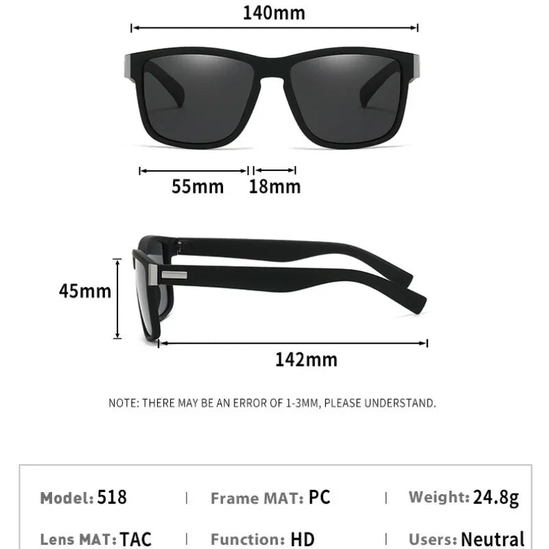 Black Polarized Square Sunglasses Men Women Fashion Classic Driving Shades for Outdoor Sports Cycling Travel Fishing