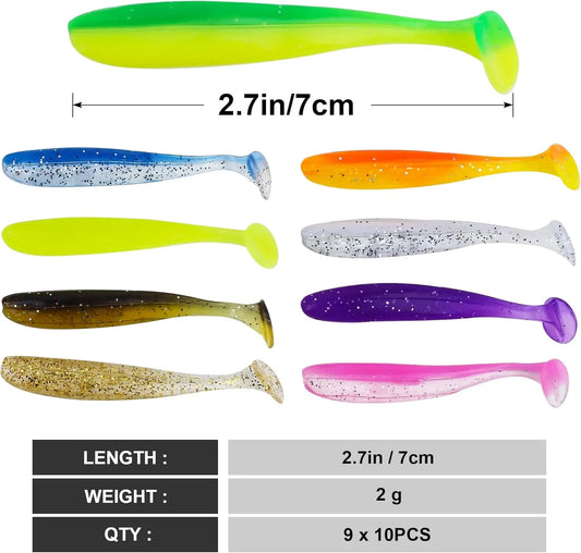 Soft Fishing Lures Kit: 90pcs Plastic Baits with 5 Fishhooks, Paddle Tail Swimbaits- for Bass, Trout, Walleye, Crappie