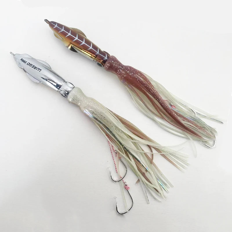 60g、100g、150g、200g Skirted SQUID Lure – Slow Pitch, Jigging/Trolling Lure for Saltwater/Deep Sea Fishing
ALL BILLFISH, MAHI/DORADO, KINGFISH, TUNA, WAHOO, SALMON, STRIPERS...PELAGIC SPECIES