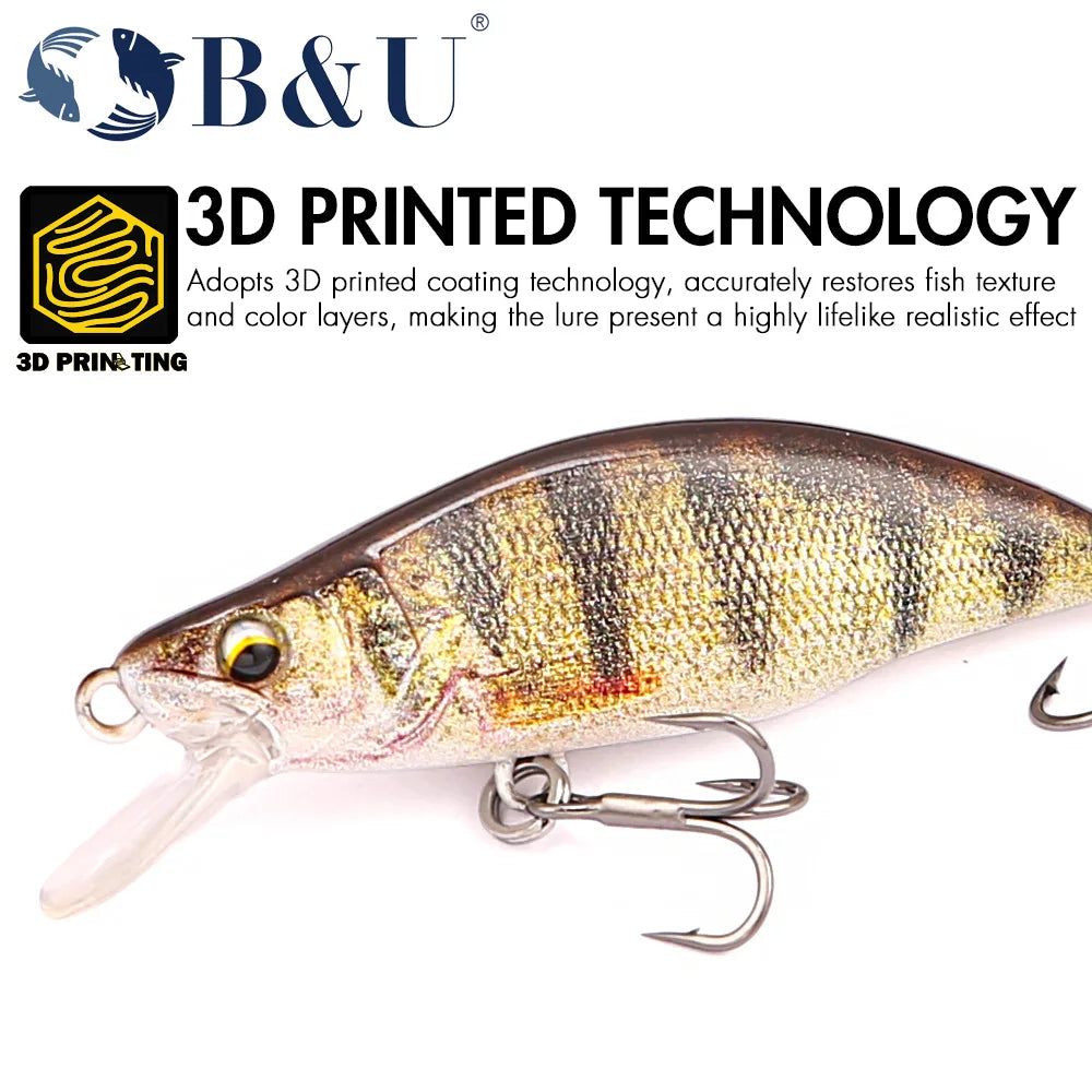 B&U Minnow Fishing Lure- Trout Pattern- Hard Bait, Assorted with Sharp Treble Hooks, Freshwater Lures for Bass, Trout, Pike
