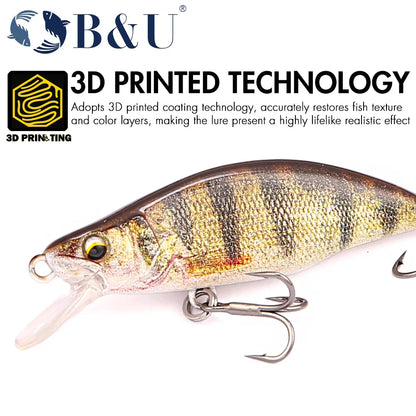 B&U Minnow Fishing Lure- Trout Pattern- Hard Bait, Assorted with Sharp Treble Hooks, Freshwater Lures for Bass, Trout, Pike