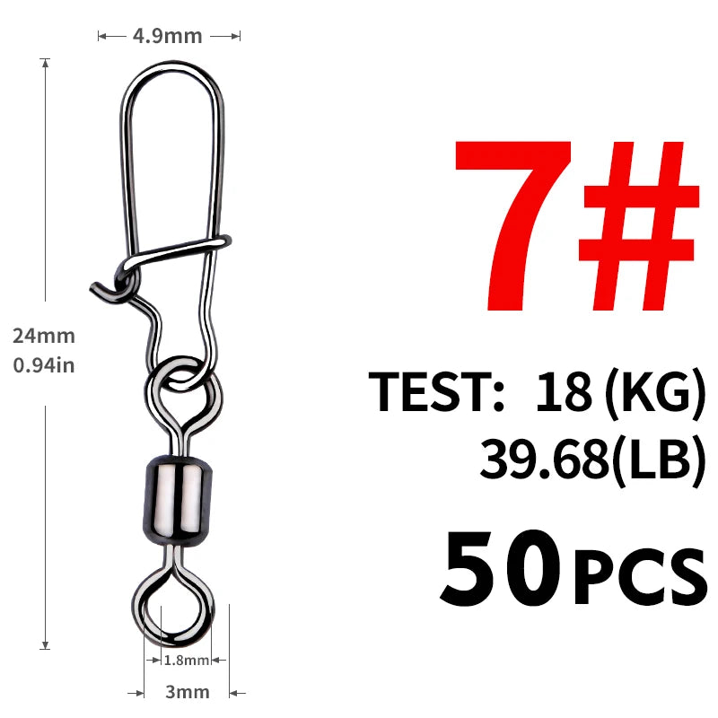 MEREDITH Fishing Connector 50PCS/Lot 2# 4# 6# 8# 10#  Bearing  Swivel, Stainless Steel With Snap