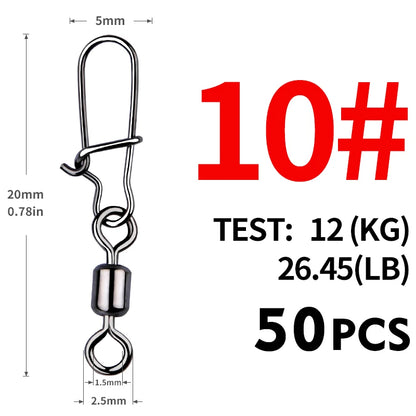 MEREDITH Fishing Connector 50PCS/Lot 2# 4# 6# 8# 10#  Bearing  Swivel, Stainless Steel With Snap