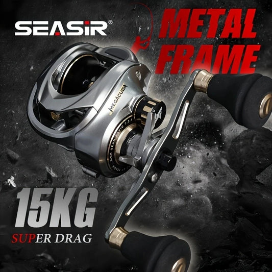 Seasir Megacuda Baitcasting Reel- Drag 15KG, Deep Spool 6.5:1, Aluminum Frame, Carbon Side, Double Handle, Metal Reel