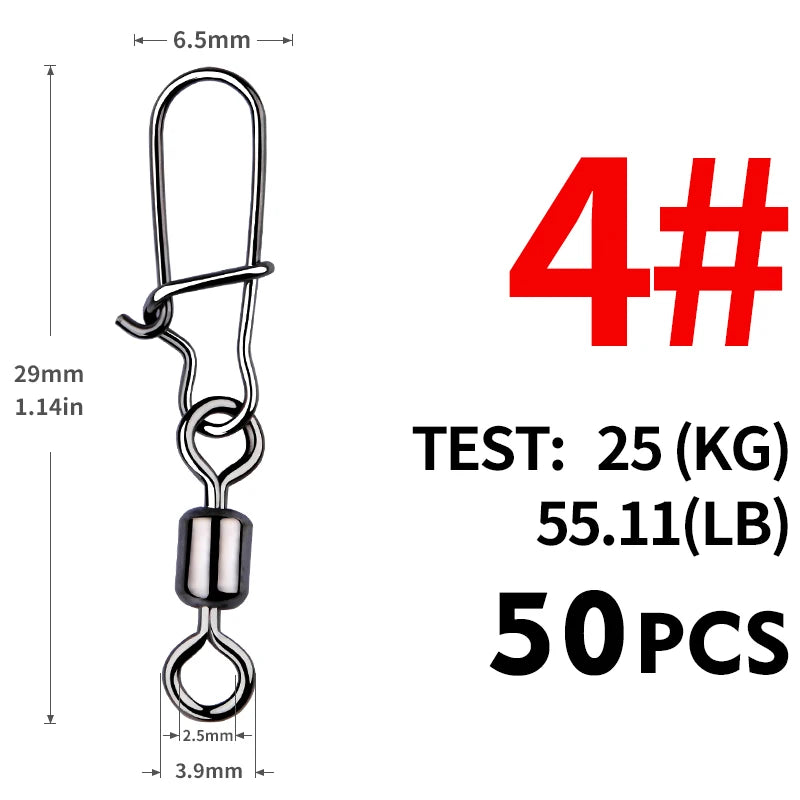 MEREDITH Fishing Connector 50PCS/Lot 2# 4# 6# 8# 10#  Bearing  Swivel, Stainless Steel With Snap