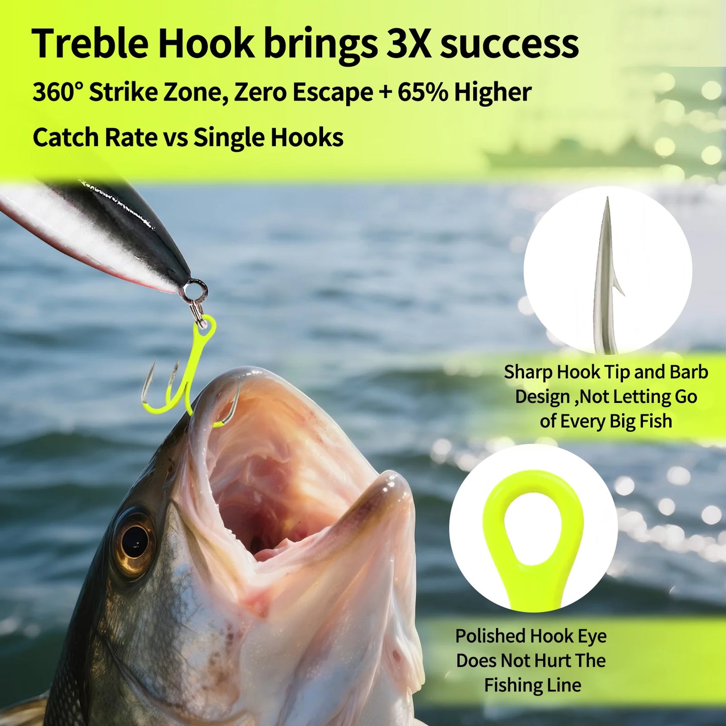 9KM 10Pcs Triple Hook Treble Hooks 2X Strong for Salt or Freshwater Applications, Fluorescent Green Ultra Violet (UV)