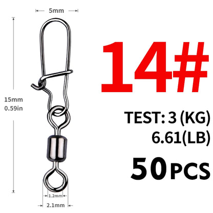 MEREDITH Fishing Connector 50PCS/Lot 2# 4# 6# 8# 10#  Bearing  Swivel, Stainless Steel With Snap