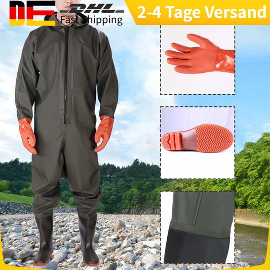 Men's Hooded Long Sleeve Wader- Waterproof Overalls, Pants With Boots, Gloves Set- Adult/ Outdoor Fishing, Hunting- River Tracking Gear