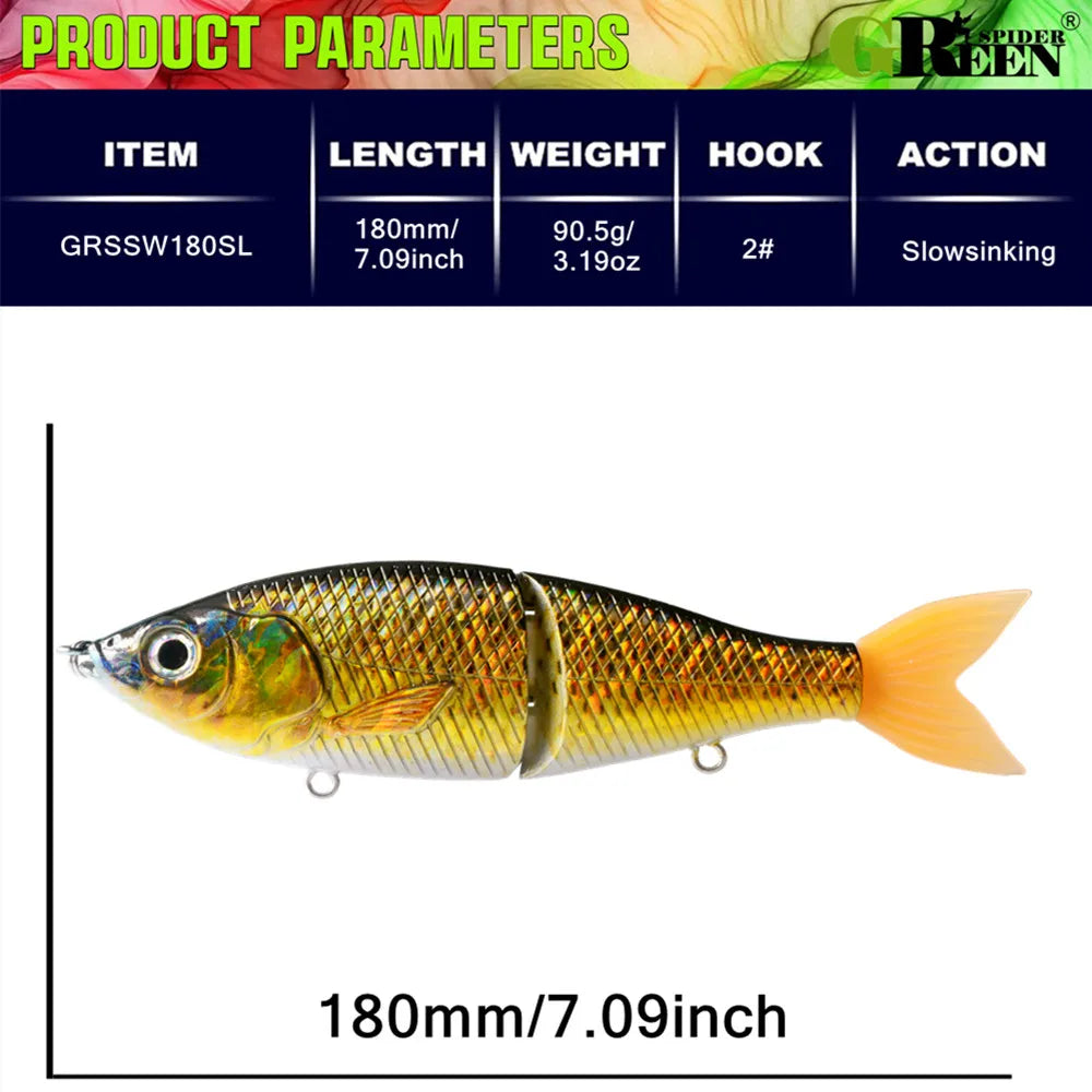 GREENSPIDER 7.09INCH 3.19OZ  Multi Jointed Swimbait  - Slow-Sinking/ Glide Bait
GREAT FOR BASS, PIKE, STRIPER, SNOOK, TARPON, REDFISH & OTHER INSHORE SPECIES