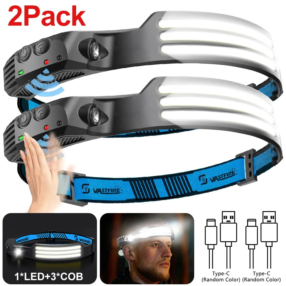 2pcs usb rechargeable head flashlight- super bright led with motion sensor for camping, running, fishing etc.