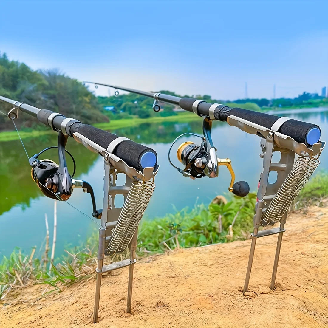 Automatic Spring Fishing Rod Holder, Adjustable Folding Stainless Steel, Ideal for Hands-Free Shore Fishing