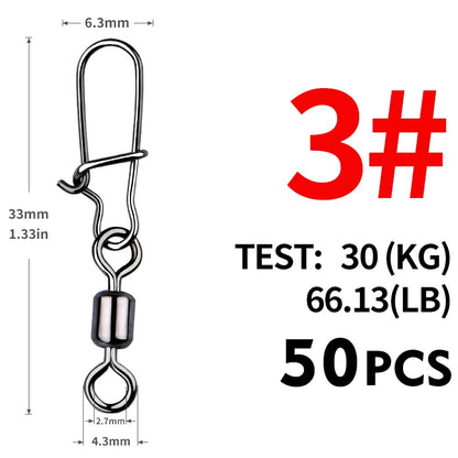 MEREDITH Fishing Connector 50PCS/Lot 2# 4# 6# 8# 10#  Bearing  Swivel, Stainless Steel With Snap